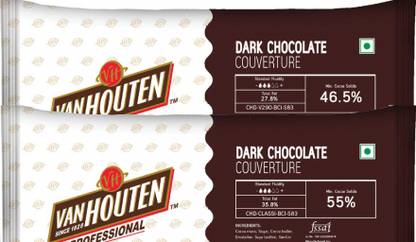 Van Houten Chocolate Couverture Combo - Dark 46.5% & Dark55% (Pack of 2)2KG Per Pack Bars