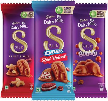 Cadbury (Silk Oreo Red Velvet 130g, Silk Bubbly 120g, Silk Fruit & Nut 137g), 387g Bars