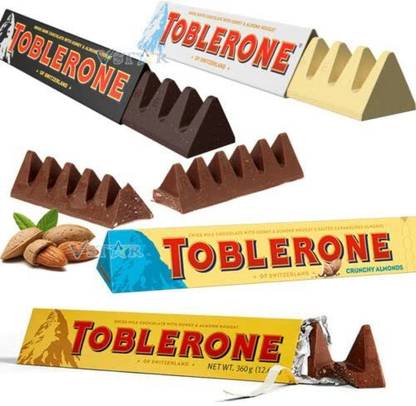 Toblerone Chocolates Variety Pack , 2, White, 1 Dark, 1 Crunchy Almond, 2 Milk Pack Of 6 Bars
