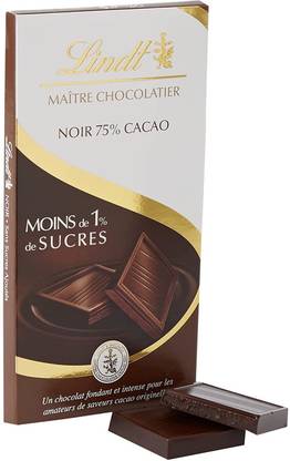 LINDT Maitre Chocolatier Noir (75% Cacao Moins De 1% Sucres) Chocolate Bar, 100g Bars