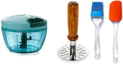 Kitchen Combo Of 450 ML Chopper, Wooden Masher& Spatula Brush (Pack Of 4) Vegetable & Fruit Chopper किचन टूल सेट