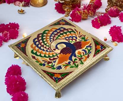 Purpledip Small Wooden Stand Stool Chowki with Exquisite Meenakari Painting for Placing Statues, Idols, 6x6 inch Wood All Purpose Chowki