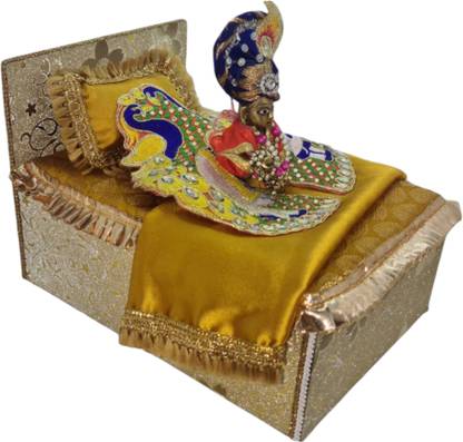 One Click Beautiful Laddu Gopal Bed Set – Bed with Mattress Large Pillow & Night Cover Wooden Pooja Chowki