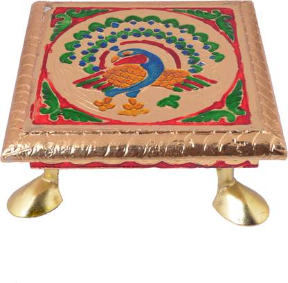 SHRISHA CREATION Meenakari Pattern Puja Bajot/Table/Chowki/Indian Religious Pooja Table - 3 Inch Wooden All Purpose Chowki