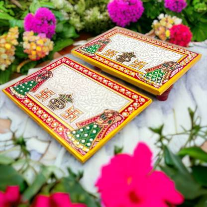 lookart Floral Art Design Marble Pooja Chowki for God Marble Pooja Chowki