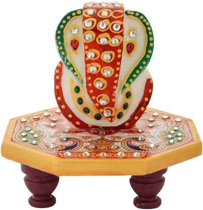 Earth joy Floral Painted Marble Asthcone Chowki With Ganesha Marble Marble Pooja Chowki