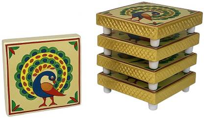 Divypath Wooden Meenakari Puja Bajot 3x3 Inch – Mandir Stand (Pack of 5) Wooden Pooja Chowki