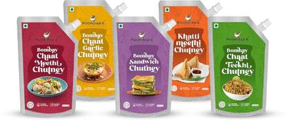 poonjiaji"s Ready To Eat 5 Chutneys Combo - Sandwich, Garlic, Meethi, Teekhi, Khatti Meethi Chutney Paste