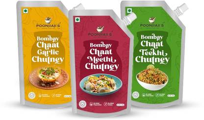 poonjiaji"s Ready to Eat 3 Bombay Chaat Chutneys Combo-Garlic,Teekhi,Meethi,No Preservatives Chutney Paste