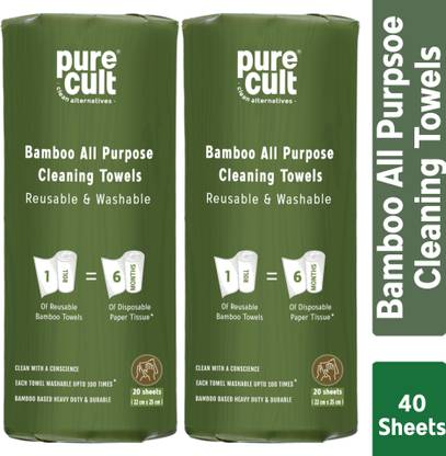 PureCult Bamboo All Purpose Cleaning Towel | Eco-Pack | Reusable & Washable | 20 sheets Dry Bamboo Cleaning Cloth