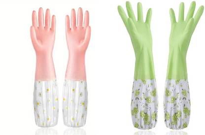 JHWOQU Reusable Rubber Latex PVC Flock lined Hand Gloves For Kitchen Long Sleeves Wet and Dry Glove Set