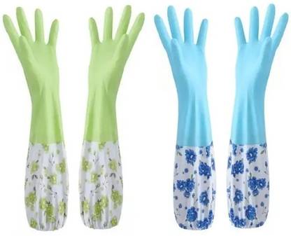 ASMO Reusable Rubber Latex PVC Flock lined Hand Gloves For Kitchen Long Sleeves Wet and Dry Glove Set