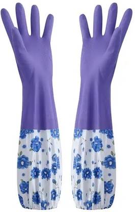 Qsin Reusable Rubber Latex PVC Flock lined Hand Gloves For Kitchen Long Sleeves Wet and Dry Glove