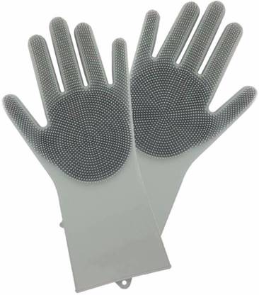 TRYOKART Magic Silicone Rubber Dish Washing Gloves Eco-Friendly Scrubber Cleaning Sponge Gray Wet and Dry Glove Set
