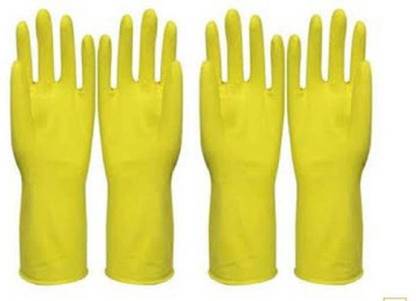 Astyler Flocklined Waterproof, Latex Reusable Multi-Purpose House Hold Cleaning Gloves Long Sleeve Glove, Warm Dishwashing Glove, Water Dust Stop Cleaning Rubber Gloves-Yellow Color- 2 Pair Wet and Dry Glove Set
