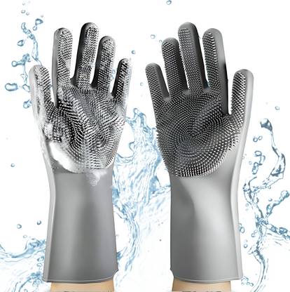 tick mark Multi-Purpose Grey Silicone Cleaning Gloves with Built-In Scrubber Wet and Dry Glove