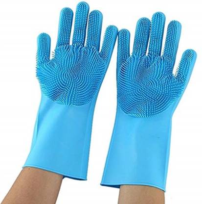 shivay Silicone Heat Resistant Rubber Dish Washing Gloves with Wash Scrubber Wet and Dry Disposable Glove Set