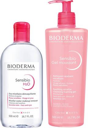BIODERMA Sensibio Combo - H2O Micellar Water Make up Remover 500ml & Gel Moussant 500ml Face Wash