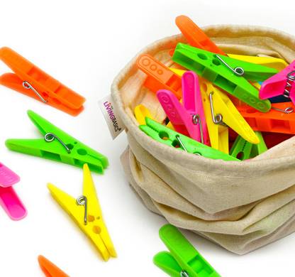 LivingBasics Clothes Drying Pins/Pegs with Cotton Storage Bag / Plastic Cloth Clips