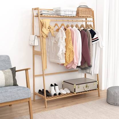 Krisham Wood Floor Cloth Dryer Stand ®Clothing Rails Garment Open Wardrobe Coat Stands Bamboo Organizer Large Cabinet