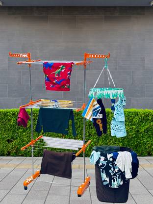TNC Steel Floor Cloth Dryer Stand Movable & Foldable Heavy Stainless Steel Single Pole 3 Tier Stand O1SS3T V-90