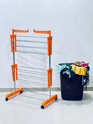 TNC Steel, Plastic Floor Cloth Dryer Stand Movable & FoldablePure Stainless Steel Single Pole 2 Tier Stand O1SS2T-V174
