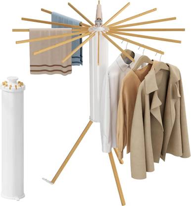 KriShyam Wood Floor Cloth Dryer Stand Fan-Shaped Free Standing with Tripod Stand 360° Rotation/16 wooden Poles