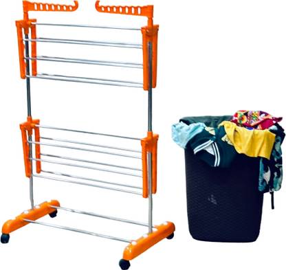 TNC Plastic, Steel Floor Cloth Dryer Stand Pure Stainless Steel Single Pole 2 Tier Foldable Cloth Stand-002