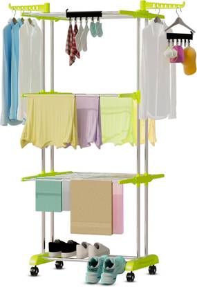 LivingBasics Steel Floor Cloth Dryer Stand / Foldable Clothes Drying Rack with Set of 2 Icon Clips - Lime Green