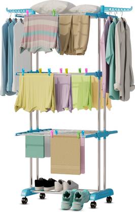 LivingBasics Steel Floor Cloth Dryer Stand / Folding Clothes Drying Rack with 18Pcs Rod Clips - Cyan Blue