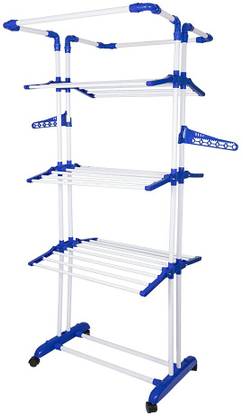 PARASNATH Steel, Plastic Floor Cloth Dryer Stand 3 Poll Cloth Drying Stand - 3 Poll - 3 Layer (Wheels Comes with Break System)
