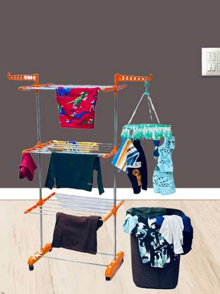 TNC Steel Floor Cloth Dryer Stand Pure Stainless Steel Single Pole 3 Tier Foldable & Movable Cloth Rack V-68
