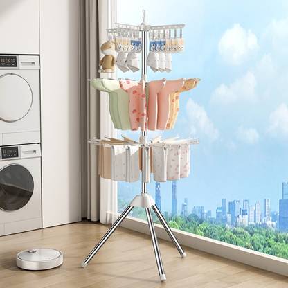 LEOPAX Steel Floor Cloth Dryer Stand Foldable Cloth Drying Rack with 24 Clips & 32 Towels Bars Space Saver for Cloth