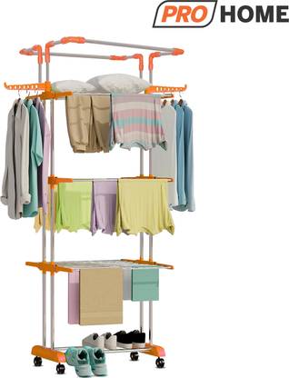 ProHome Steel Floor Cloth Dryer Stand 4 Tier Tower Max Free Rust Premium Material with Wheels