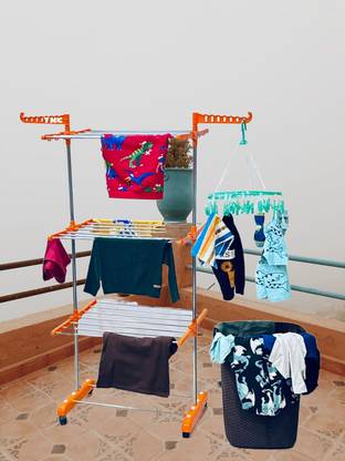 TNC Steel Floor Cloth Dryer Stand Foldable & Movable Heavy Stainless Steel Single Pole 3 Tier Stand O1SS3T V-44