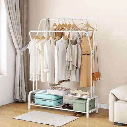 LEOPAX Steel Floor Cloth Dryer Stand Dual Pole Cloth Garment Rack with 2-Tier Lower Storage Shelf and Side Tree Hooks