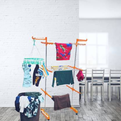 FAVOUR Steel, Plastic Floor Cloth Dryer Stand Portable Stainless Steel 3 Tier Single Pole Cloth Rack O1SS3T-3