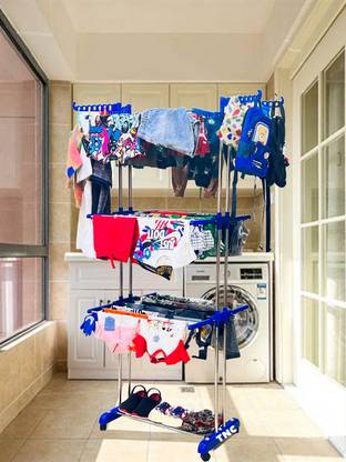 TNC Steel Floor Cloth Dryer Stand Movable & Foldable Heavy Stainless Steel Double Pole 3 Tier Stand B2SS3T V-274