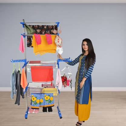 TNC Steel Floor Cloth Dryer Stand PURE STAINLESS STEEL JUMBO DOUBLE POLE 3 TIER CLOTH STAND , DRYING RACK