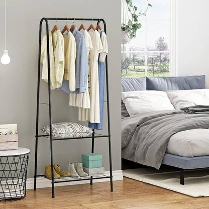 ADA Steel Floor Cloth Dryer Stand Heavy Duty Clothing Garment Rack with 2 Bottom Shelves Freestanding Cloth Stand