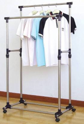 KriShyam Steel Floor Cloth Dryer Stand Double-Pole Clothes Hanger, Garment Drying Rack With Rolling Wheels