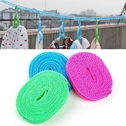 StadiumEX 5 Meters Windproof Anti-Slip Clothes Drying Rope with Hooks ( Pack of 2) Nylon Retractable Clothesline