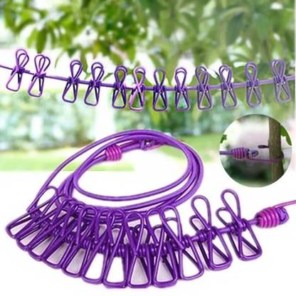 KitchenFest 12 Clips Elastic Cloth Hanging Rope for Drying Clothes for Outdoor Stainless Steel Retractable Clothesline