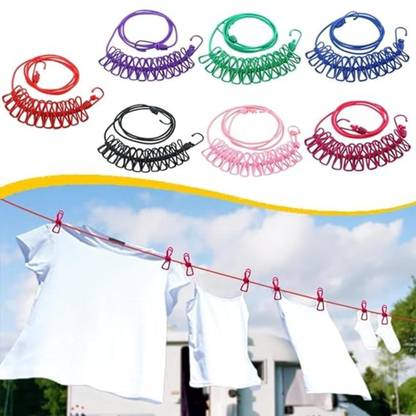 La Bella Cloth-Drying Rope with Hooks Adjustable & Elastic Clothes Rope with 12pcs Nylon, Steel Retractable Clothesline