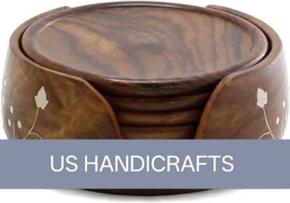 US HANDICRAFTS Round Wood Coaster Set