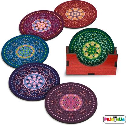 PRINTHUA Round Reversible Wood Coaster Set