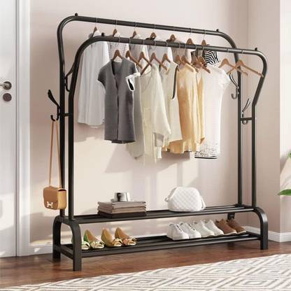 LEOPAX Double Layer Clothing Rack with 2-Tier Lower Storage Shelf With Side Tree Hooks Metal Coat and Umbrella Stand