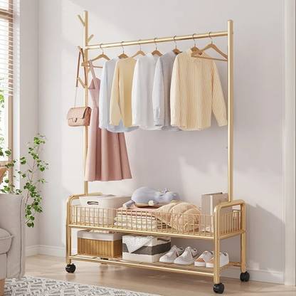 lukzer Lukzer 2 Bottom Garment Rack Metal Coat Stand with Wheels Metal Coat and Umbrella Stand