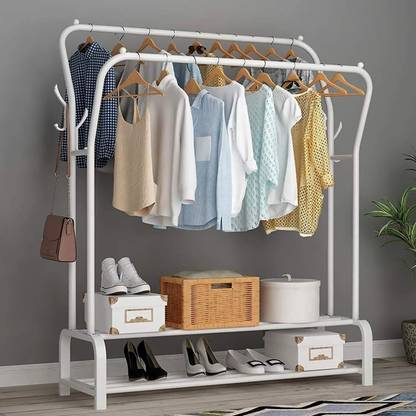 ADA Metal Clothes Rack with 4 Side Hooks and 2 Bottom Shelf, Double Rod Garment Rack Metal Coat and Umbrella Stand