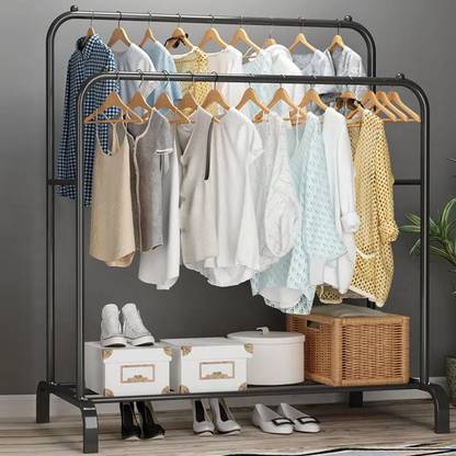 ADA Metal Coat Garment Rack with 1 Bottom Shelf, Double Rod Clothes Hanging Stand Metal Coat and Umbrella Stand